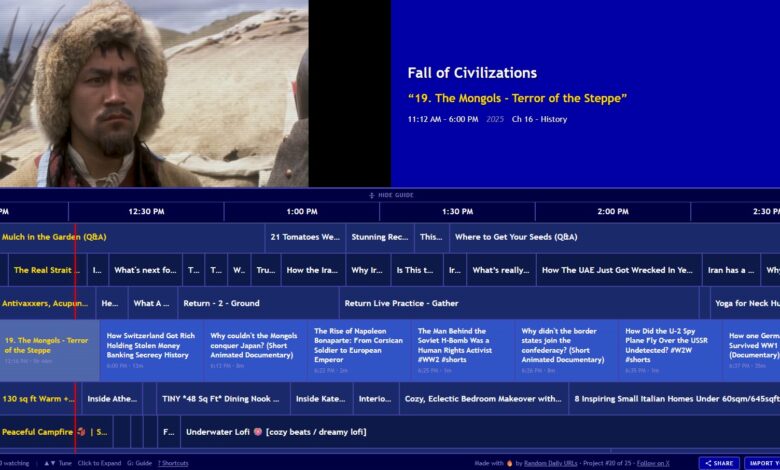 A retro-looking channel guide playing a documentary